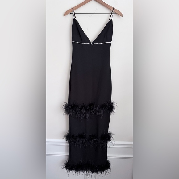 House of CB Maricel Crystallized rhinestone Fringe Ostrich feather Maxi Dress XS - Picture 4 of 11